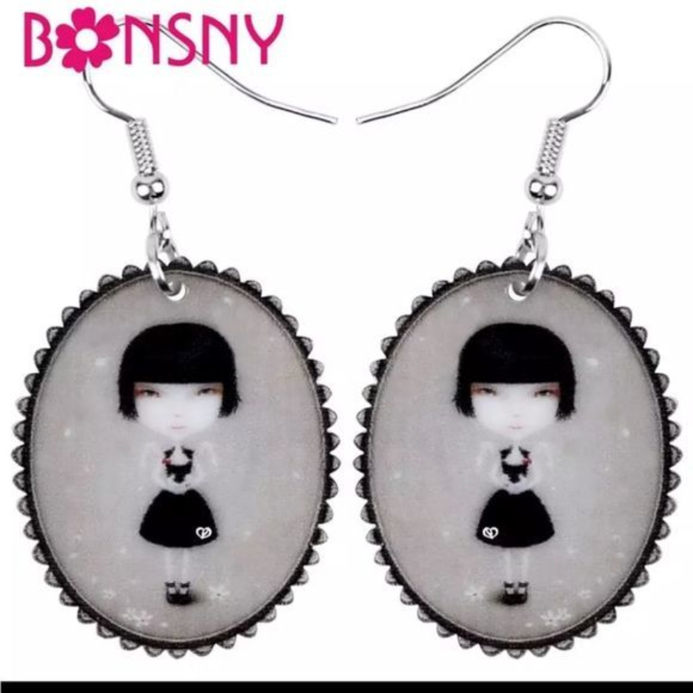 Black Gray Girl Doll Goth Acrylic Earrings